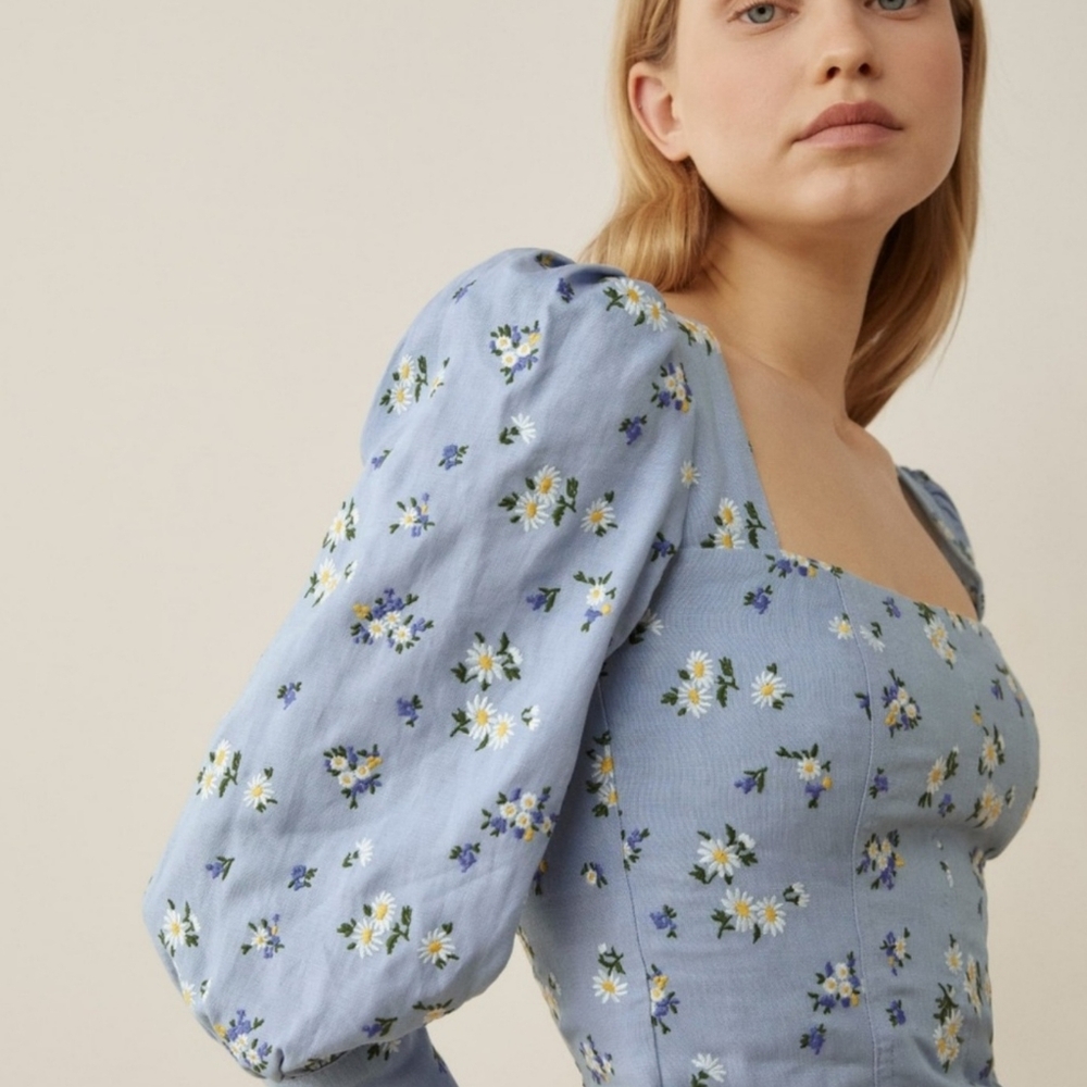 NWT RACHEL ZOE Blue Floral STRETCH Crop Top Long Sleeve Pullover Shirt XL L